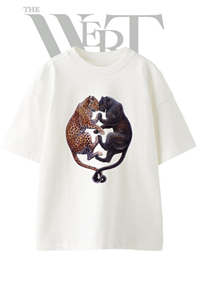 THEWERT Leopard Karapanter Design Printed Unisex White Oversize T-Shirt