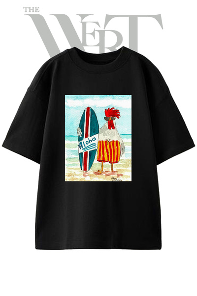 THEWERT Sorfcü Horoz Design Printed Unisex Black Oversize T-Shirt