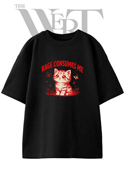 THEWERT Rage Kitten_1 Μπλουζάκι Unisex με στάμπα σχεδίου, μαύρο, oversized