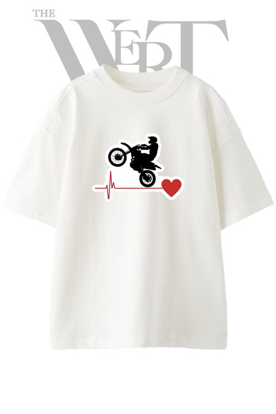 THEWERT تي شيرت أبيض كبير الحجم مطبوع بتصميم Motocross Heartbeat للجنسين