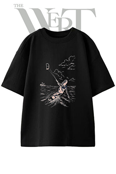 THEWERT Tricou oversize negru unisex cu imprimeu Kitesurf pentru femei