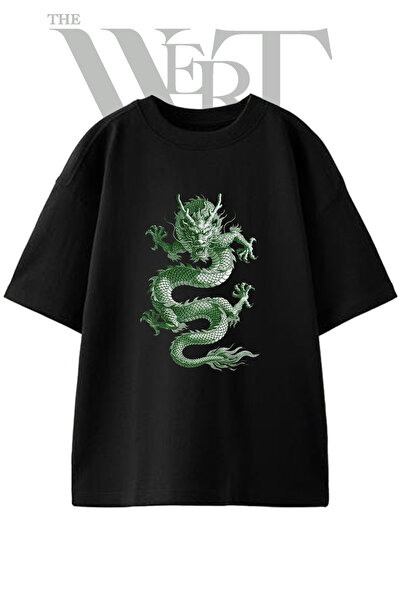 THEWERT Chinese Dragon Design Printed Unisex Black Oversize T-Shirt