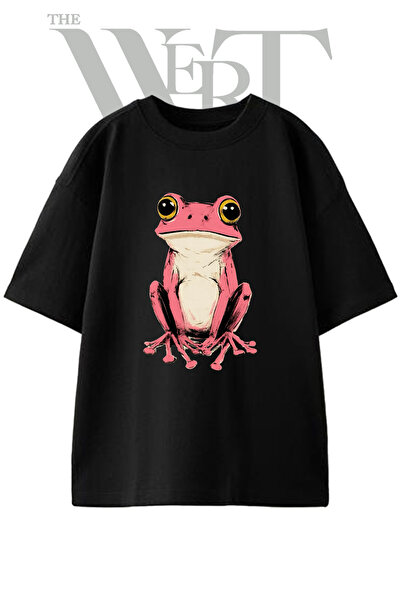 THEWERT Μπλουζάκι Unisex Μαύρο Oversize με στάμπα Pink Frog Design
