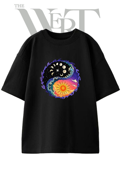 THEWERT Yin Yang Design Printed Unisex Black Oversize T-Shirt