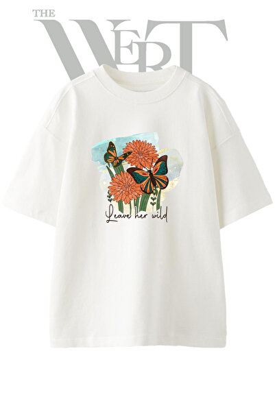 THEWERT Butterfly Flower Design Printed Unisex White Oversize T-Shirt