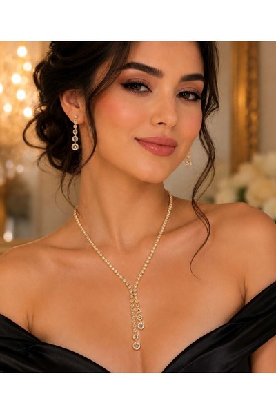 ACAR TAKI YUVARLAK TAŞLI, GOLD RENK, Y MODEL SUYOLU KOLYE VE KÜPE SETİ ACR9830