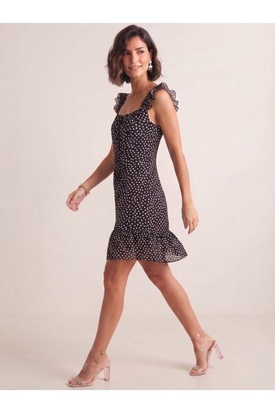 Flubutik Women's Woven Mira Ruffle Dress Black Dots