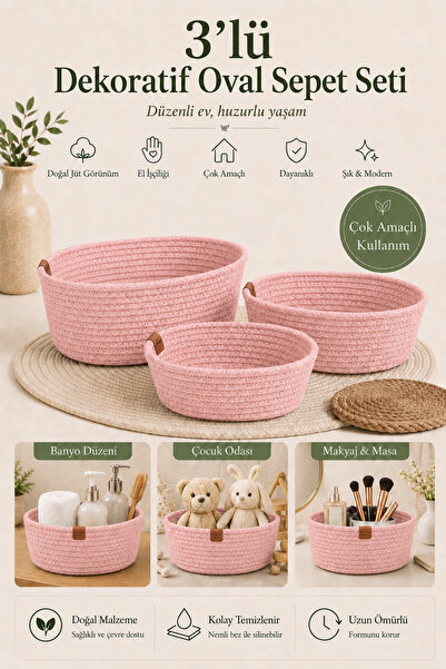 Fabrix Home 3’lü Oval Dekoratif Pamuk Sepet Seti Pembe Renk Çok Amaçlı Organizer