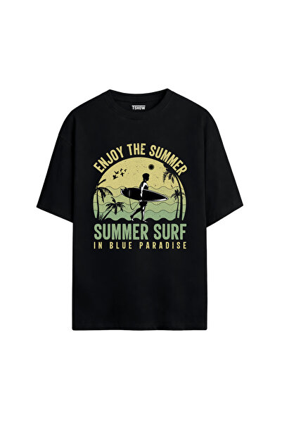 Summer Surf Baskılı PREMİUM Bisiklet Yaka %100 Pamuk kısa kollu Oversize Tshirt E-02