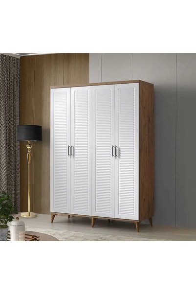 MaceraMobilya Paris 4 Kapaklı Komple MDF Atlantik Çam-Beyaz Beyaz Gardırop Ya...