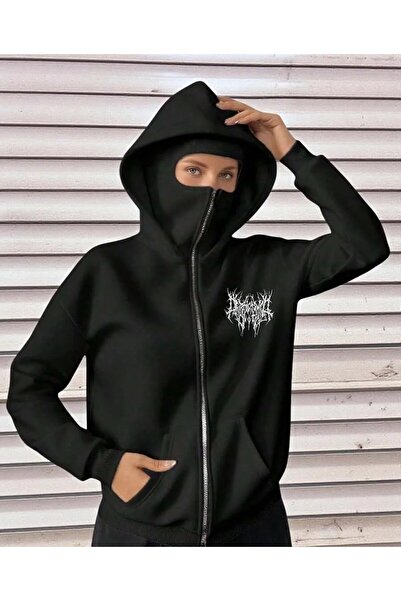 Büyük Beden Uzun Boy Karışık Yüz ve Baş Örtüsü Kar maskesi, Kadın Çift Kapüşonlu Fermuarlı Cepli Hoodie, Güz/Kış/Bahar Günlük Siyah