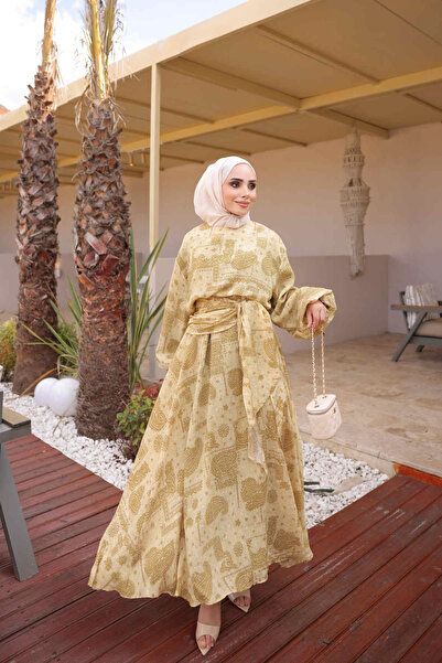 İmajButik Oil Green Patterned Shawl Detailed Skirt Suit