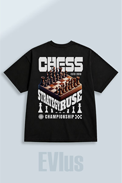 EVIus Oversize Chess Chess printed 100% βαμβακερό μπλουζάκι με λαιμόκοψη και ...