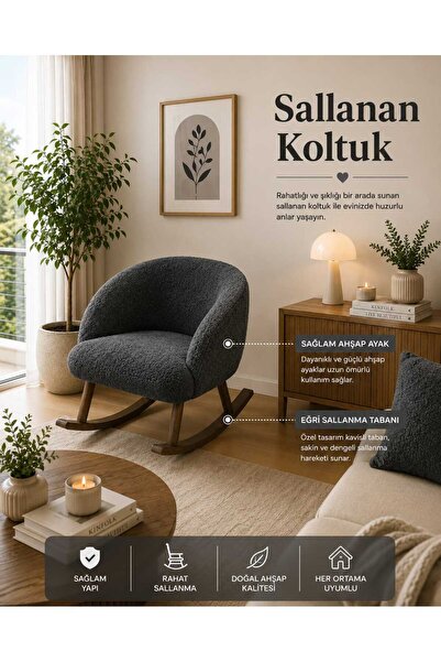 DEKOZUM SİENA Sallanan Koltuk Berjer Koltuk Tedy Kumaş Ahşap Ayaklı Sallanan ...