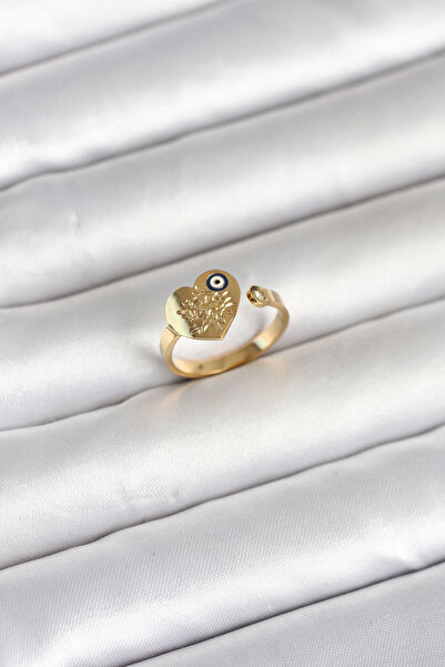 Mega Bazaar 316L Steel Gold Color Evil Eye Detailed Heart Model Women's Ring