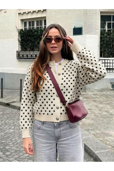 miratriko Women's Polka Dot Buttoned Knitwear Cardigan