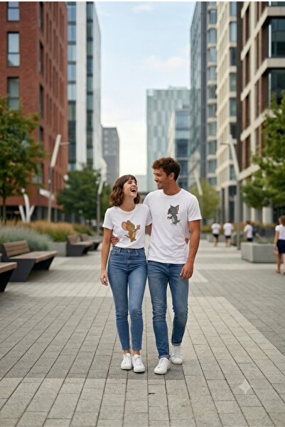 STRSTORE Tom ve Jerry Baskılı Sevgili Kombini Beyaz T-shirt Çift Tişörtü