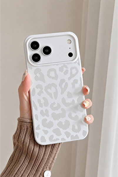 OVADA İphone 17 Pro Max Uyumlu Beyaz Leopar Desenli Kadife Silikon Telefon Kı...
