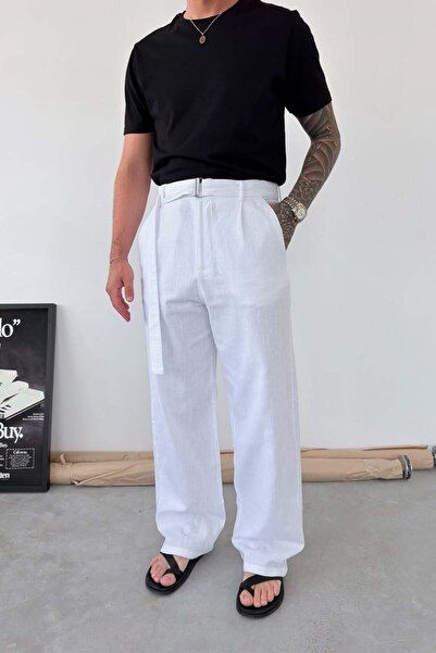 HAFKAGİYİM White Belt Detailed Baggy Linen Trousers