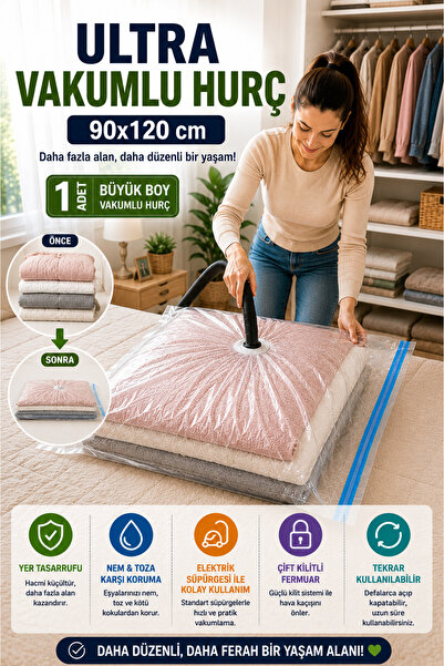 OpenCity Ultra Boy Vakumlu Hurç 90x120 cm 1 Adet Çift Kilitli Vakum Poşeti Yo...