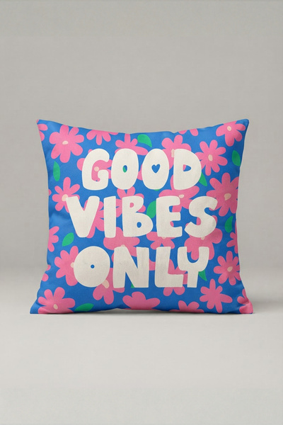 Generic Brand Blue Pink Floral Good Vibes Only Written Cushion Cover 293 – Go...