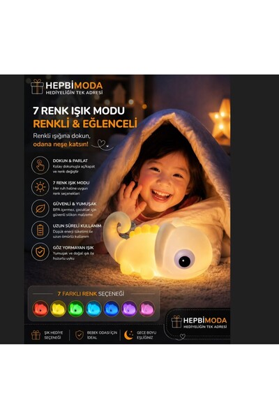 HEPBİMODA Dokunmatik Bukalemun LED Gece Lambası – Squishy Lamba 7 Renk Değiştiren Silikon Bebek Odası Lambası ⭐