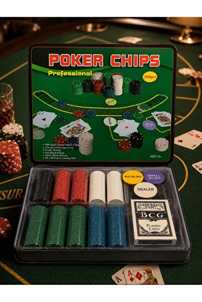 HEPBİMODA Metal Kutulu Poker Seti 500 Chip + 2 İskambil Kartı + Çuha Profesyo...