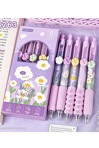ÖZ OFİS Kawaii 5'li Moka Daisy Whisper Papatya Temalı Mor Jel Kalem Seti - 0....