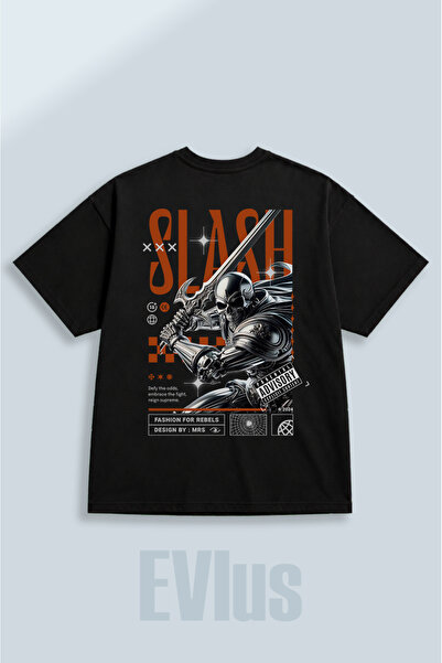 EVIus Oversize Slash Printed 100% Cotton Crew Neck Loose Fit Black T-Shirt