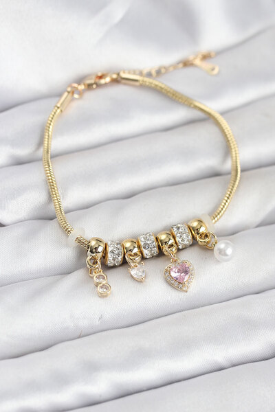 Mega Bazaar Brass Gold Color Pink Heart Charm Women's Bracelet