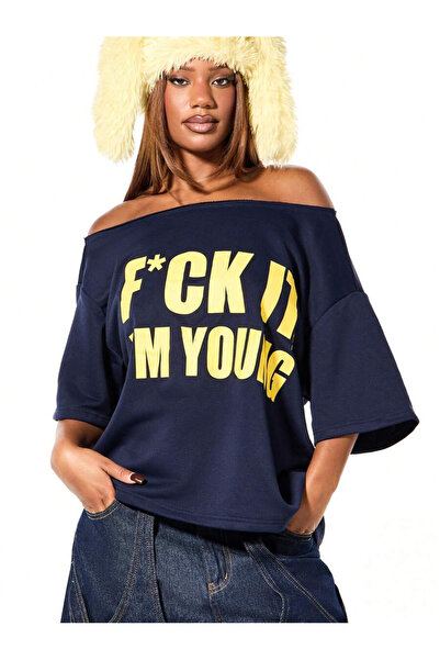 OVER HEAD Women's I Am Young Printed Boat Neck Off Shoulder 100% Cotton T-Shirt