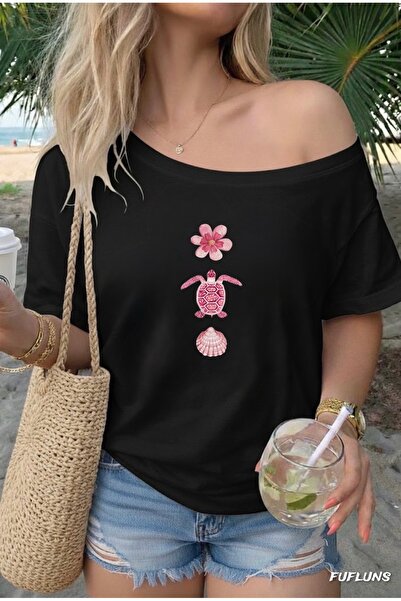 FUFLUNS Sea Shell Flower Printed Oversized Women's Boat Neck T-Shirt