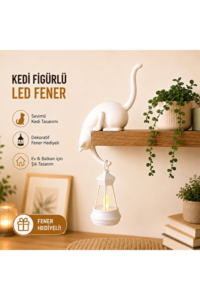 Razmo Dekoratif Kedi Figürlü Led Fenerli Raf Süsü