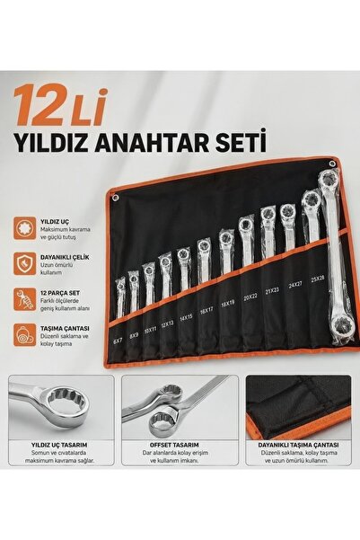 KARALAR YAPI Tatian 12 Parça Yıldız (Ring) Anahtar Takımı 6x7 - 30x32 mm Çantalı