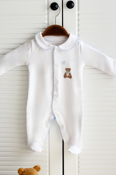Petite Miracles Blue Teddy Bear Embroidered Newborn Jumpsuit - 0-3 Months