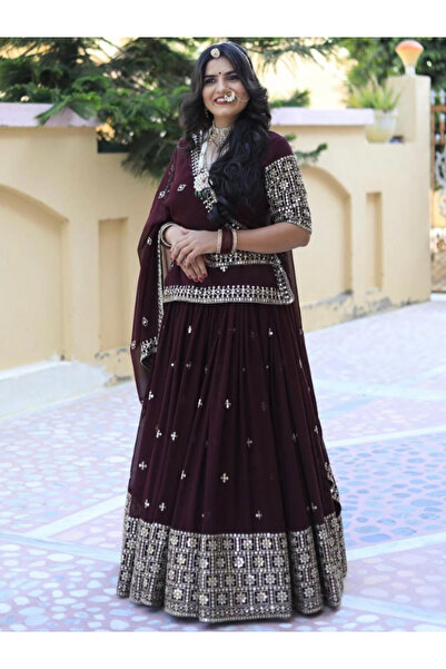 MYSMAR Maroon Blooming Georgette Blouse Lehenga Dupatta - HRT2482 | Maroon-Si...