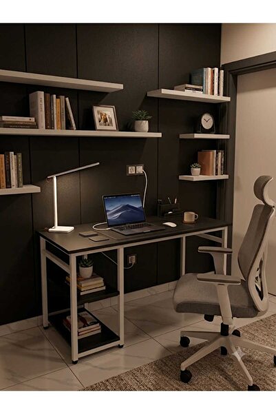 Çalışma Masası Siyah/BEYAZ 140x60 Çalışma Masası, Bilgisayar Masası, Ofis Masası, Metal Ayaklı 2 RAFLI