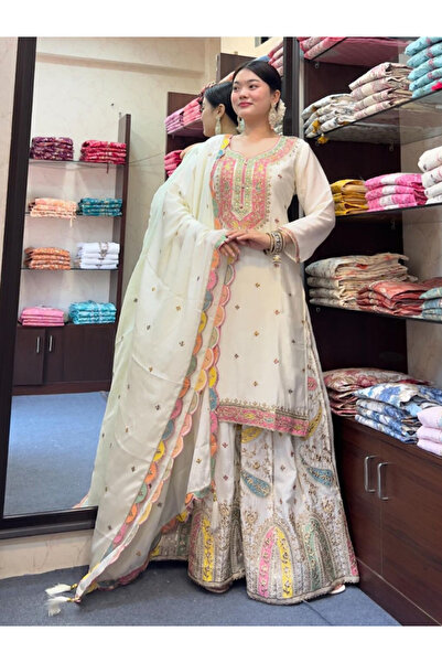 MYSMAR Beige Chinon Silk Top Pant & Dupatta - HRT4032 | Beige-Size:M-38-Inches