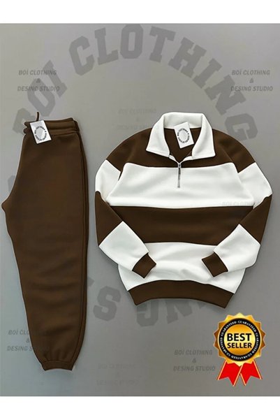 Boi Costum de trening pentru bărbați, cu fermoar, guler și inserții, din țesătură din bumbac pieptănat cu 3 fire, pentru sezonul nou - Set sport premium casual
