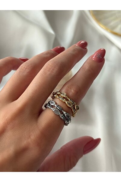 PALICE Adjustable Steel Ring with Two Rows of Fish Figures and Marquise Stones