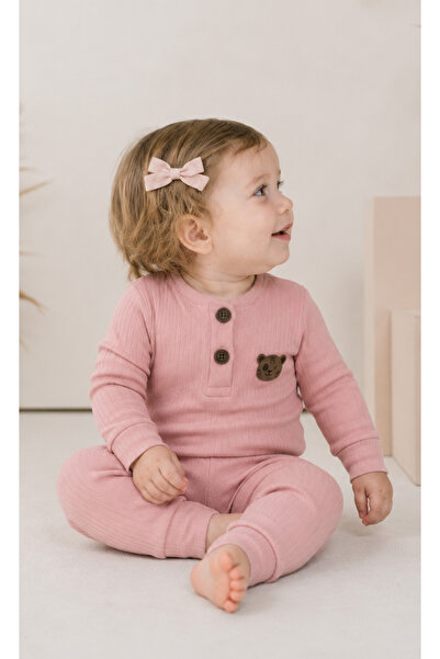 Rocha Baby Ribbed Long Sleeve Double Set with Teddy Bear Detail - Top and Bottom Set