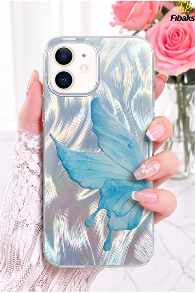 Fibaks iPhone 11 Kılıf Parlak Hologram Kelebek Desenli Şeffaf Silikon | İçten...
