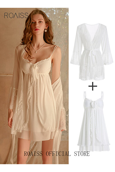 ROAISS 2 Piece Nightgown Set Women's Sweet Halter Nightdress Lace Lingerie Sl...