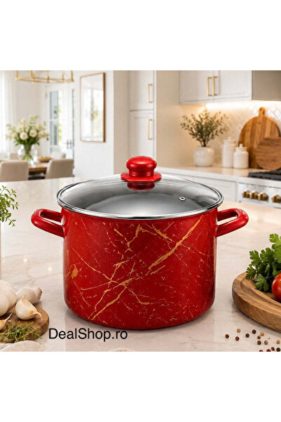 dealshopromania Enamelled pot 8.2 L with glass lid, model Red Marble, 24 cm, ...