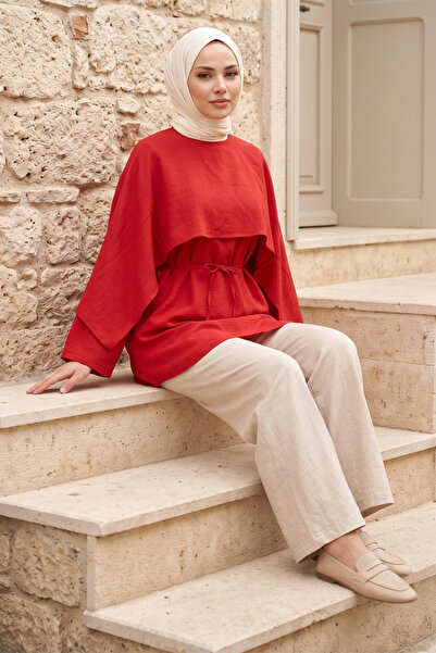 FERHEL Kadın Pelerin Detaylı İp Kemerli Tesettür Tunik - Kırmızı