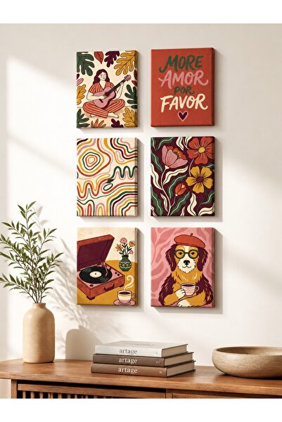 ARTAGE 6’lı Retro Modern Bohem Naif Sanat Kanvas Tablo Seti