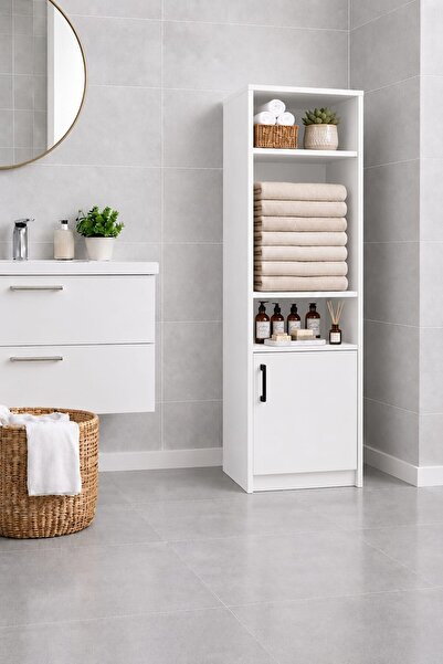 Rudu Duru Çok Amaçlı Banyo Dolabı Düzenleyici 45x34x156 cm 1 Kapaklı 5 Raflı