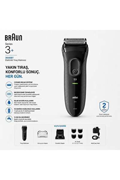Braun Series 3+ Elektrikli Tıraş Makinesi Siyah, Kuru 3000BT Kullanım Özelliğ...