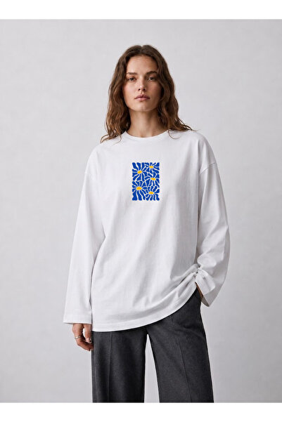 Grafftee Clothing تي شيرت أبيض كبير الحجم بأكمام طويلة مصنوع من القطن بنسبة 1...