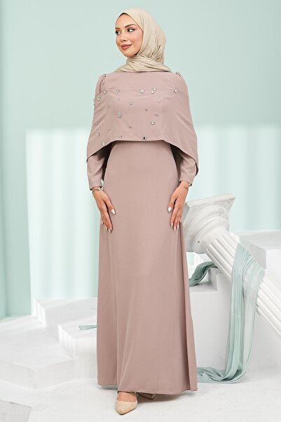 İmajButik Pudra Ön Pelerin Detaylı Taşlı Abiye